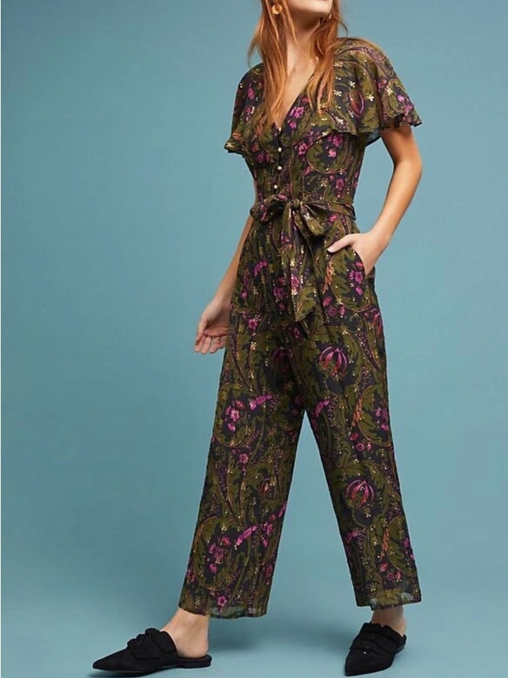 Anthropologie Brenda Jumpsuit Flutter Sleeve Metallic Thread by ett:twa  Size 2